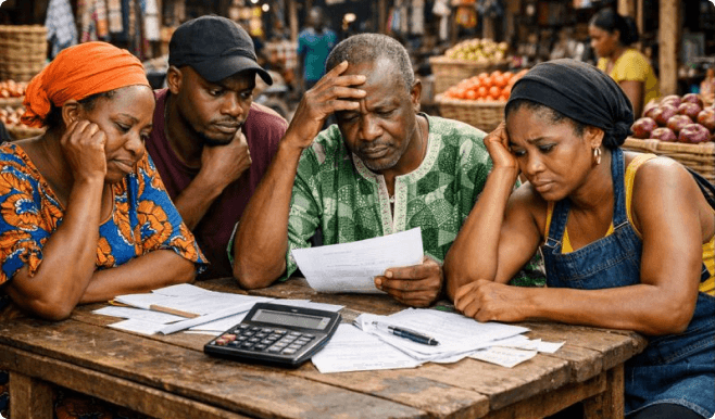 Nigerian business owners looking stressed while reviewing tax documents and calculator